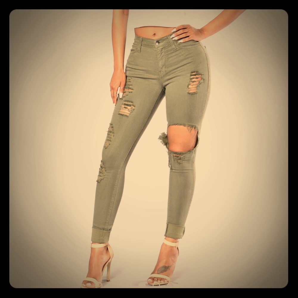 Fashion Nova Sz 27 olive green ripped denim skinny